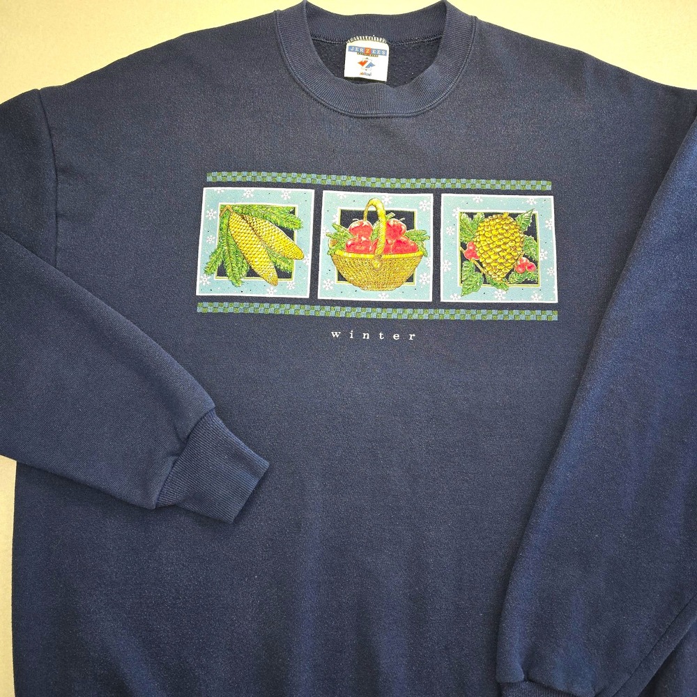 Vintage 90s Jerzees Winter Crewneck Sweatshirt XL Granny Cottagecore Navy Apples